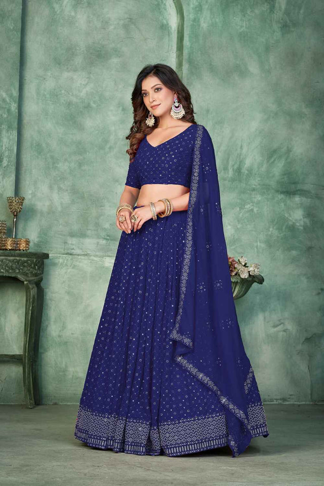 Navy Blue Sequin with Embroidered Georgette Lehenga