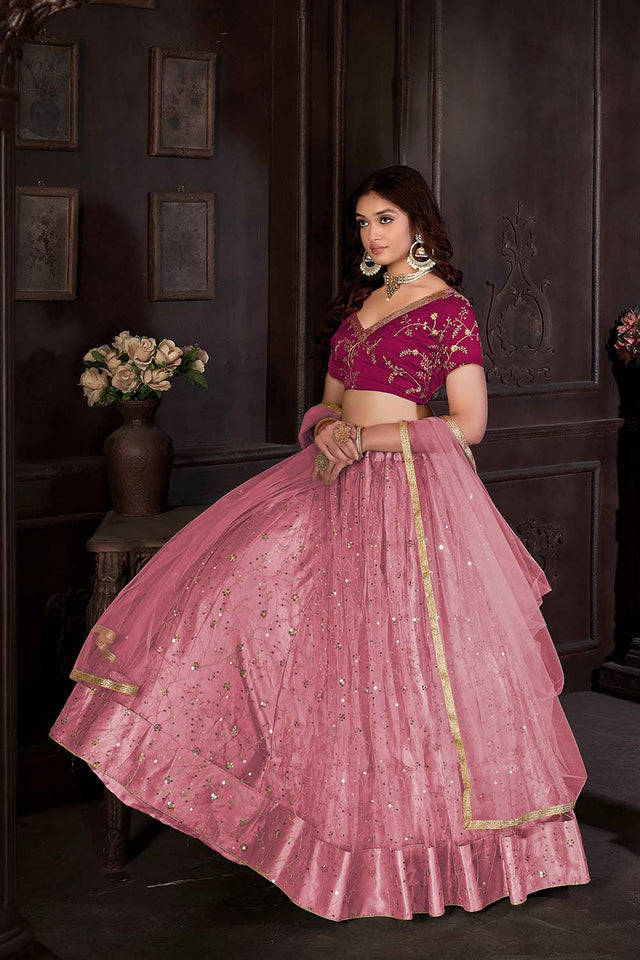 Baby Pink Net Embroidery , Sequin . V-Neck Lehenga