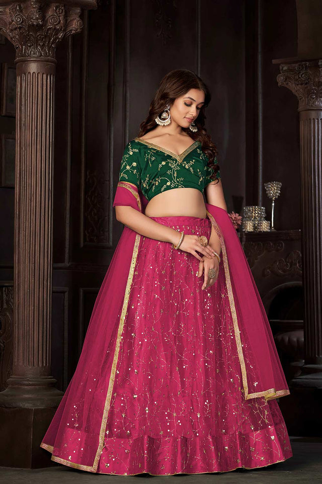 Dark Pink Net Embroidery , Sequin . V-Neck Lehenga
