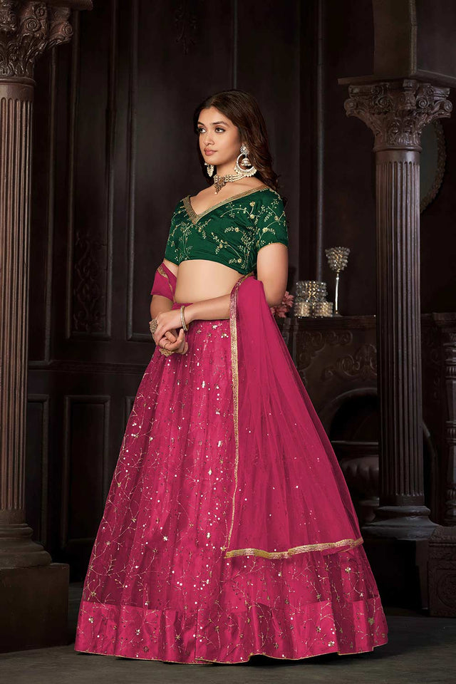 Dark Pink Net Embroidery , Sequin . V-Neck Lehenga