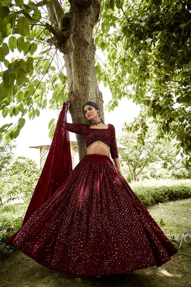 Maroon Sequin with Embroidered Georgette Lehenga