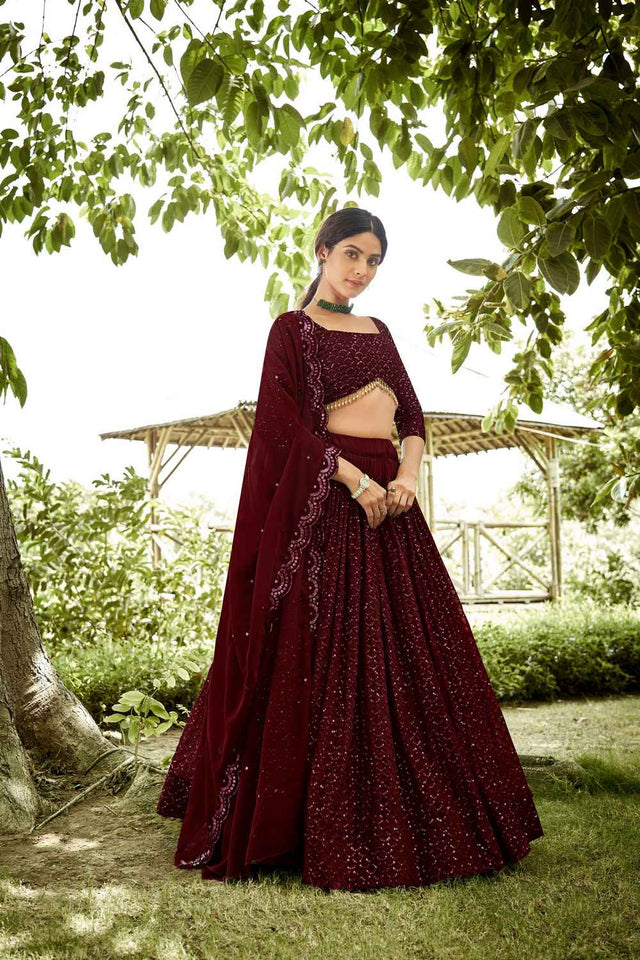 Maroon Sequin with Embroidered Georgette Lehenga