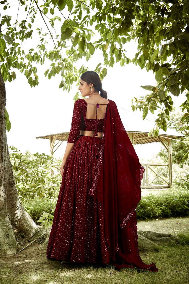 Maroon Sequin with Embroidered Georgette Lehenga