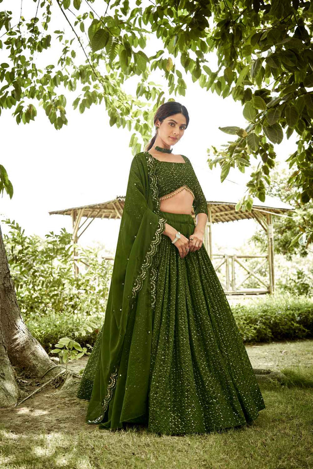 Mehendi Sequin with Embroidered Georgette Lehenga