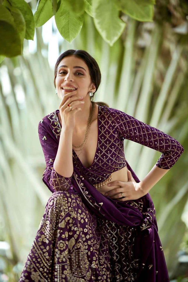 Dark Purple Sequin Georgette Lehenga