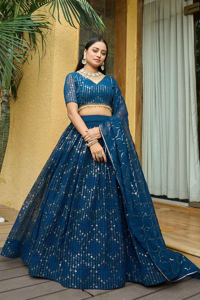 Turquoise Sequin Georgette Lehenga