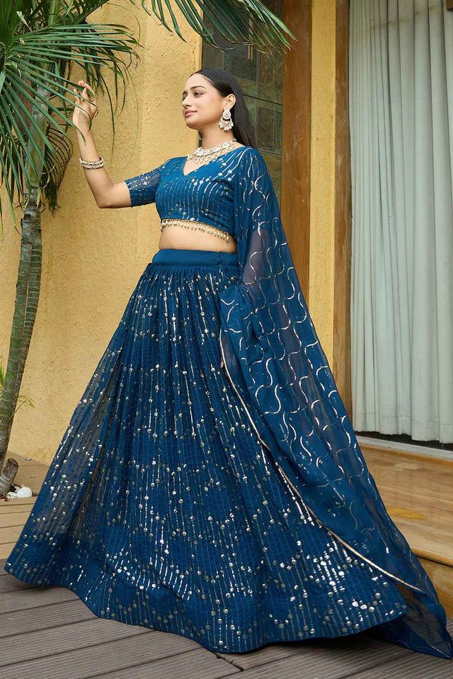 Turquoise Sequin Georgette Lehenga