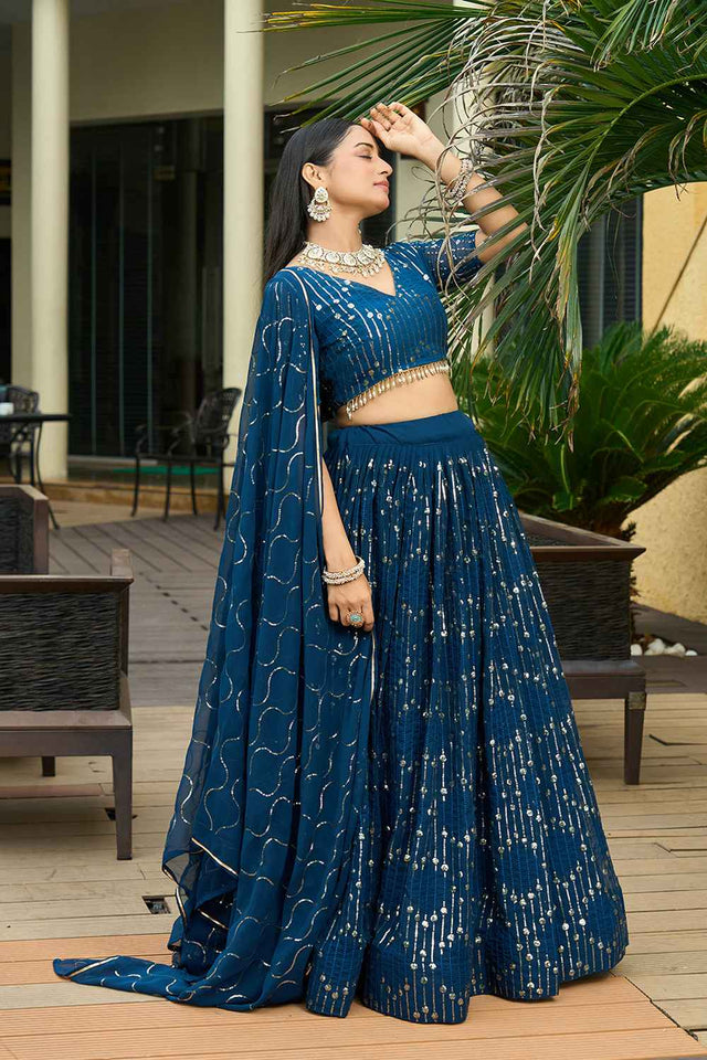 Turquoise Sequin Georgette Lehenga