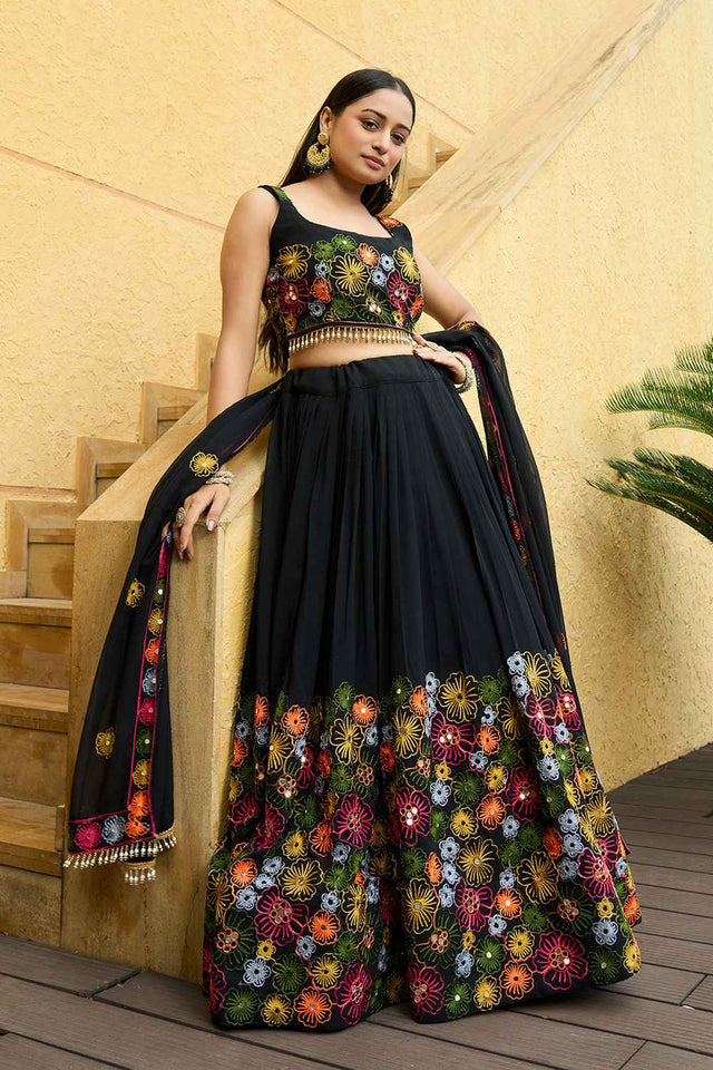Black Embroidered Georgette Lehenga