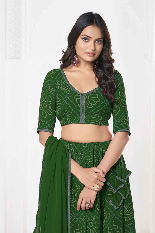 Green Bandhani Printed Georgette Lehenga