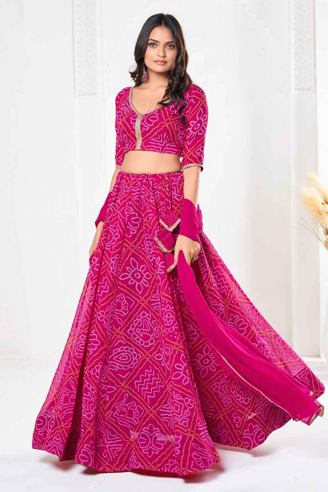 Pink Bandhani Printed Georgette Lehenga