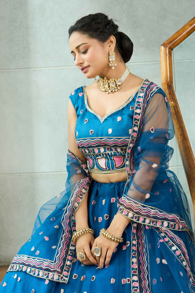 Turquoise Sequin with Embroidered Net Lehenga