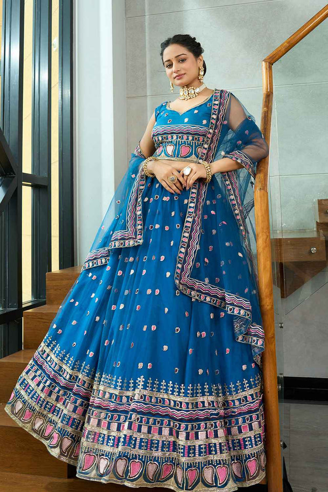 Turquoise Sequin with Embroidered Net Lehenga