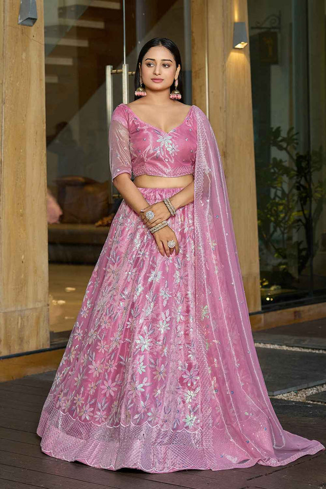 Pink Sequin with Embroidered Net Lehenga