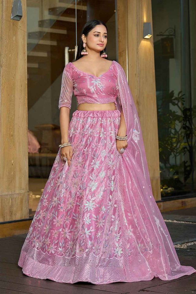 Pink Sequin with Embroidered Net Lehenga