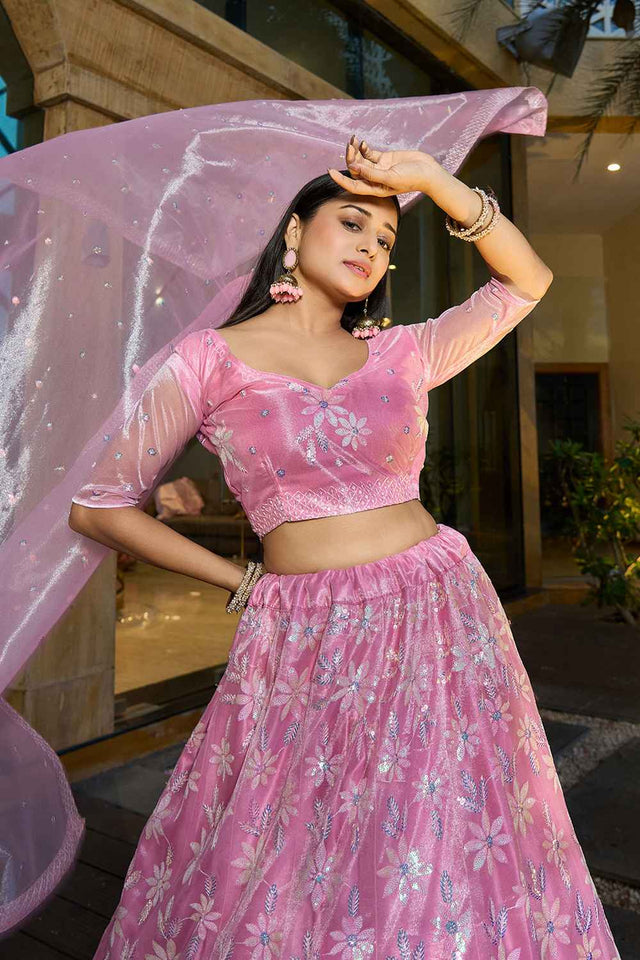 Pink Sequin with Embroidered Net Lehenga