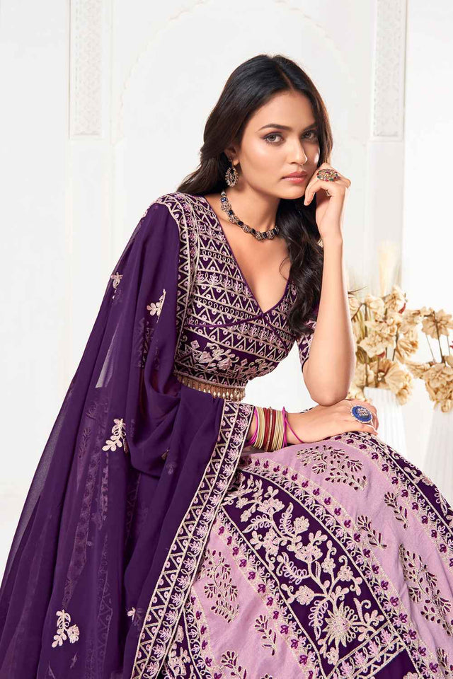 Purple Embroidered Georgette Lehenga