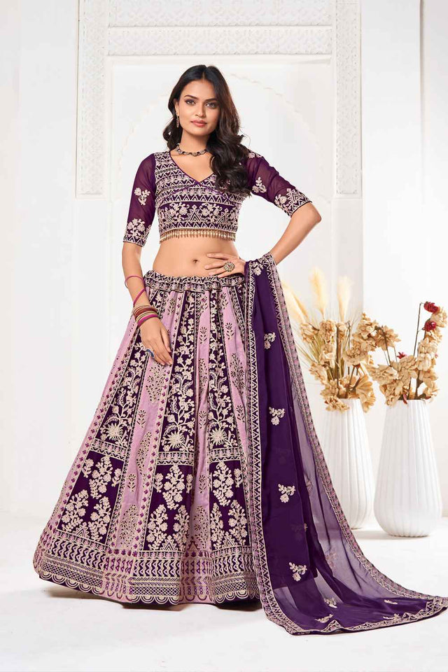 Purple Embroidered Georgette Lehenga