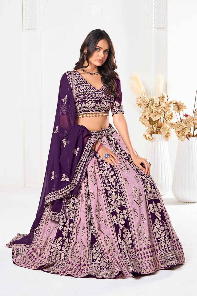 Purple Embroidered Georgette Lehenga