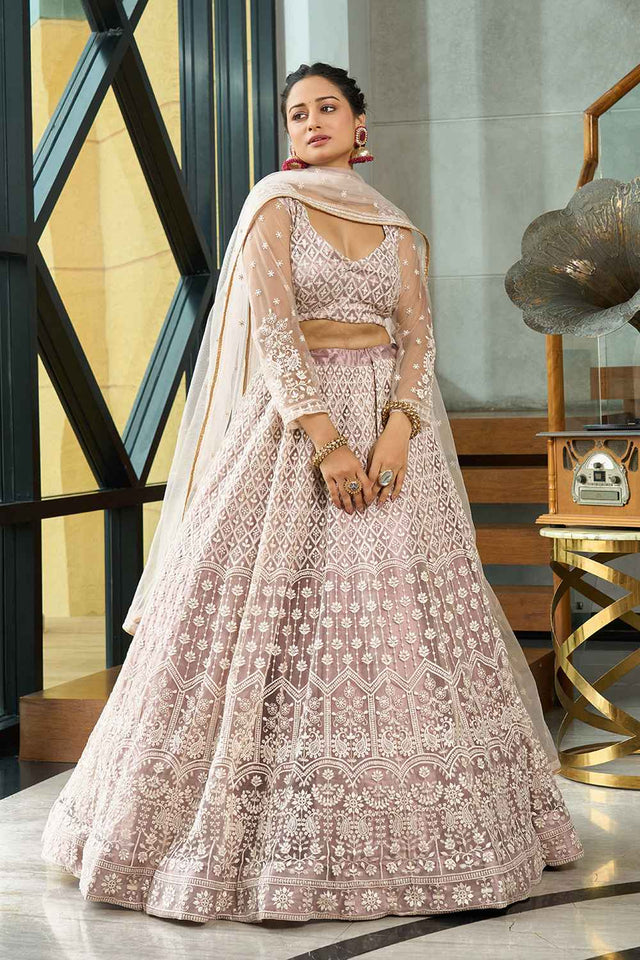 Cream Embroidered Net Lehenga