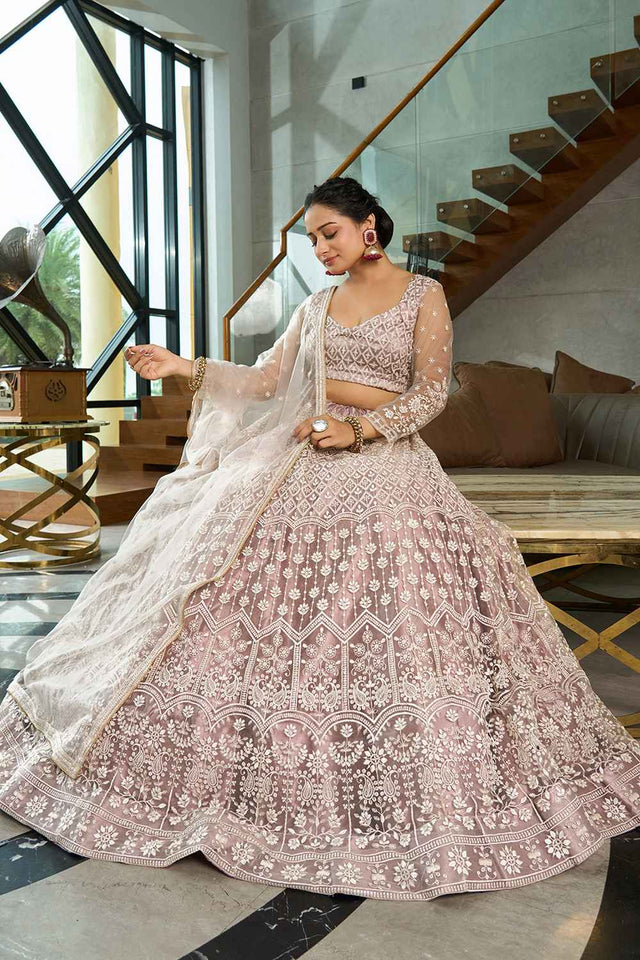 Cream Embroidered Net Lehenga