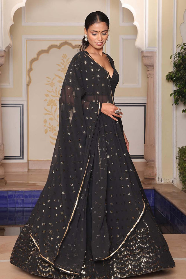 Black Sequin Georgette Semi Stitched Lehenga