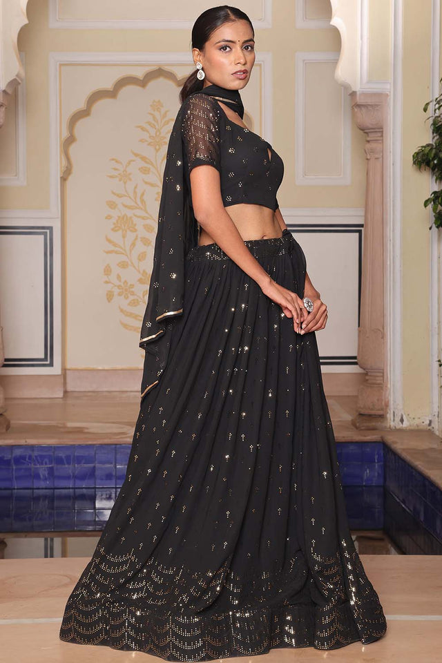 Black Sequin Georgette Semi Stitched Lehenga