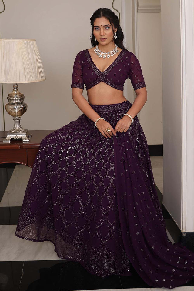 Purple Sequin Georgette Semi Stitched Lehenga