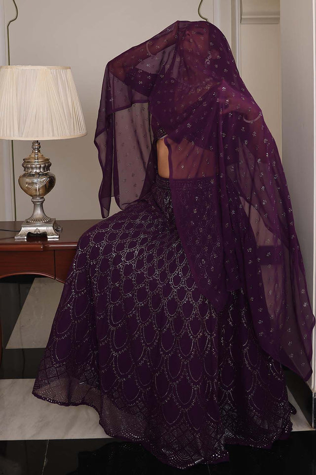 Purple Sequin Georgette Semi Stitched Lehenga