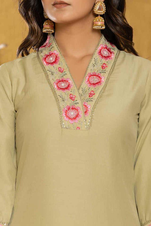 Green Thread Work Silk Kurti Pant Set