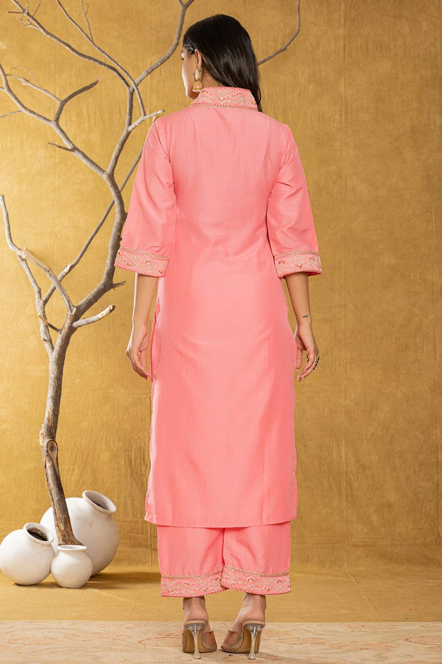Pink Solid Silk Blend Straight Cut Suit Set
