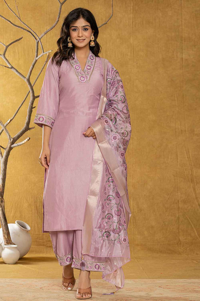 Violet Embroidered Silk Kurti Pant Set