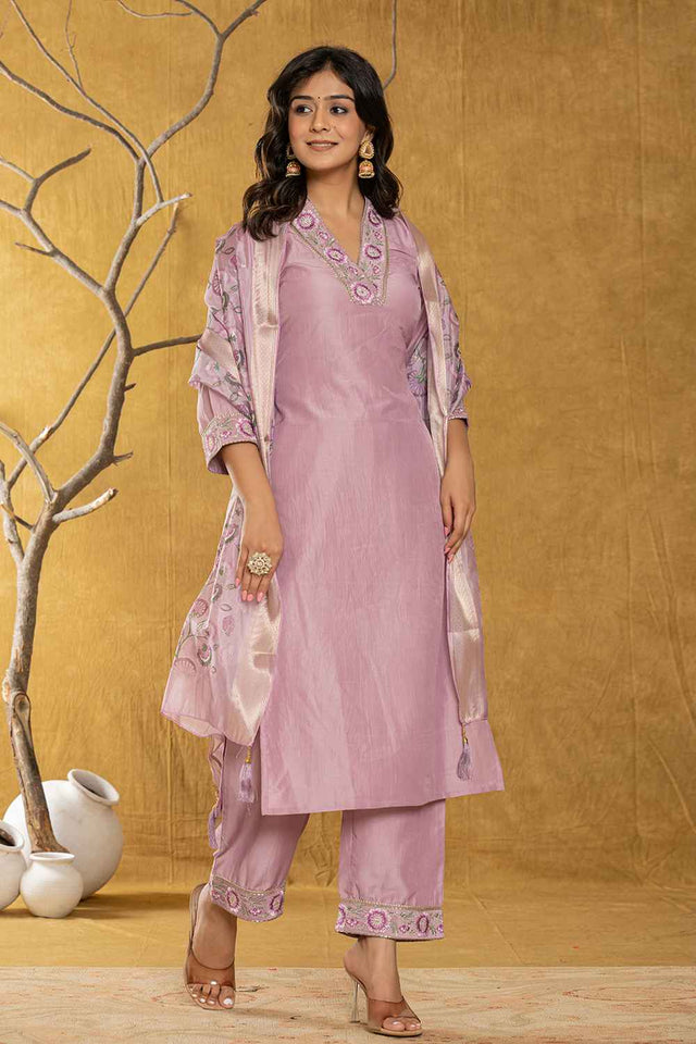 Violet Embroidered Silk Kurti Pant Set