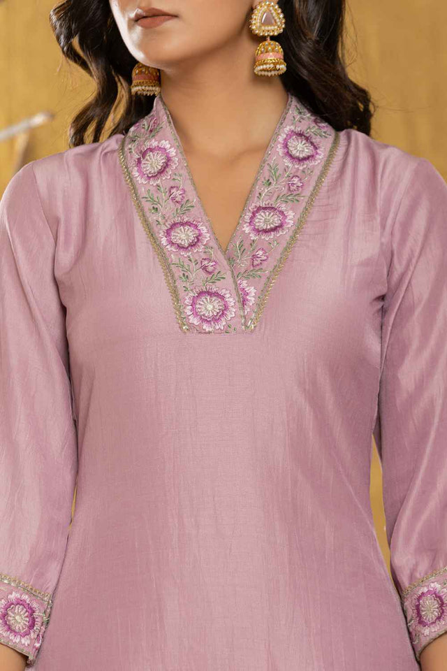 Violet Embroidered Silk Kurti Pant Set