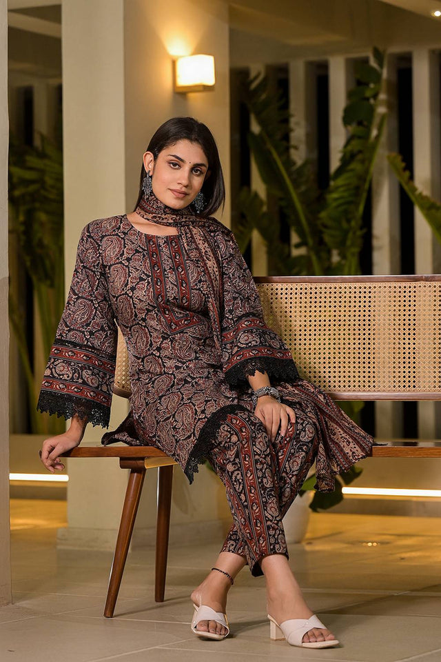 Black Paisley Printed Cotton Straight Cut Suit Set