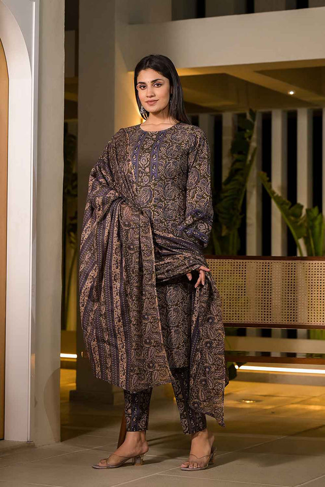 Olive Paisley Print Pure Cotton Kurti Pant Set