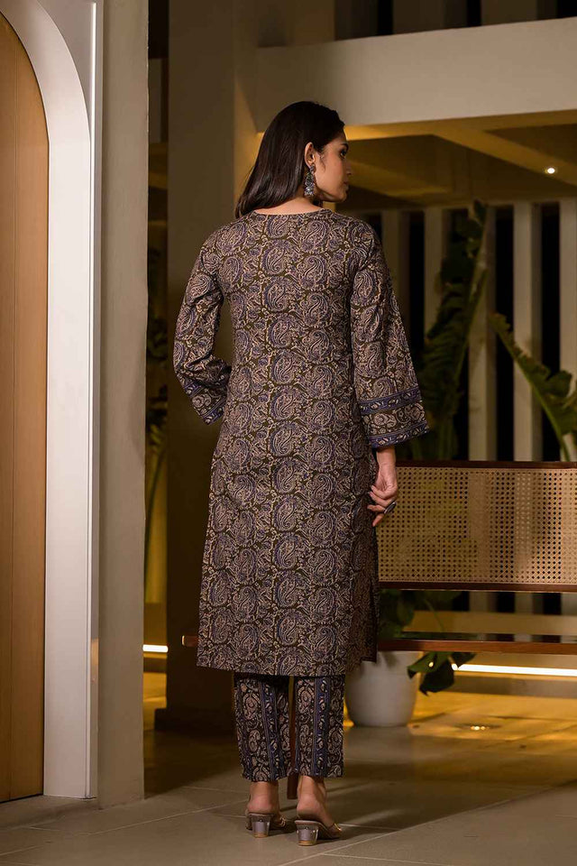 Olive Paisley Print Pure Cotton Kurti Pant Set