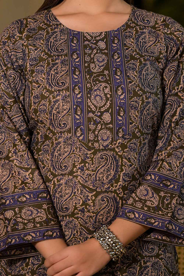 Olive Paisley Print Pure Cotton Kurti Pant Set
