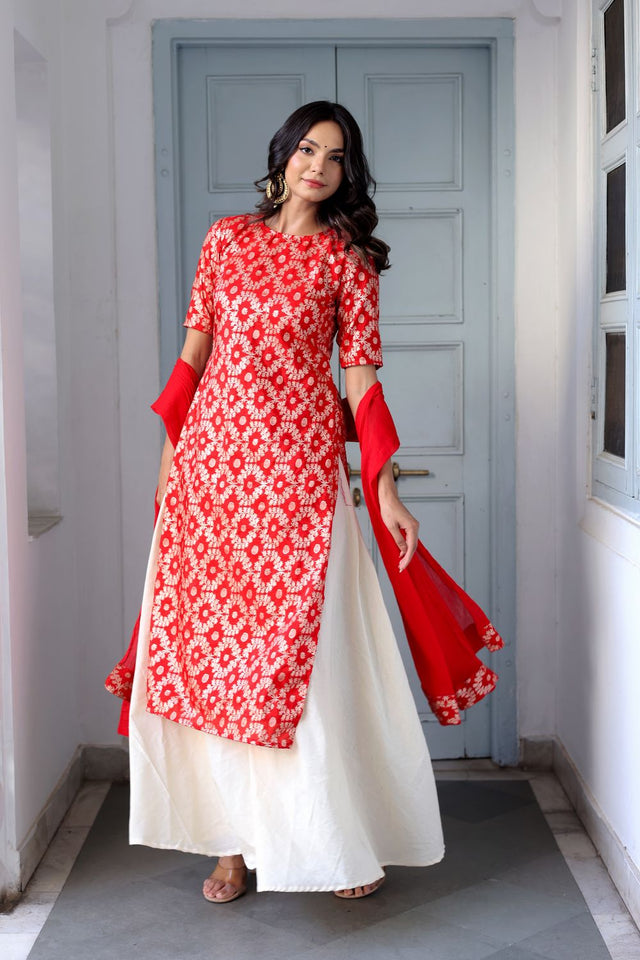 Red Ethnic Motifs Brocade Kurti Palazzo Set (105Redbrocade)
