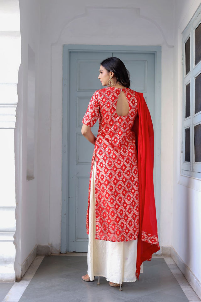 Red Ethnic Motifs Brocade Kurti Palazzo Set (105Redbrocade)