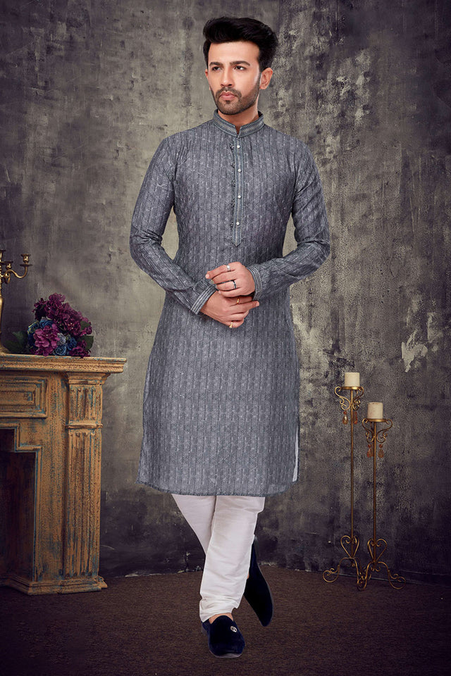 Grey Thread Work Silk Kurta Pyjama Set