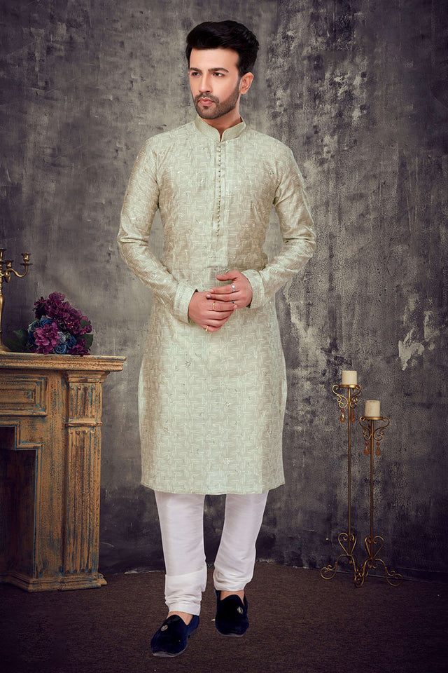 Green Thread Work Silk Kurta Pyjama Set