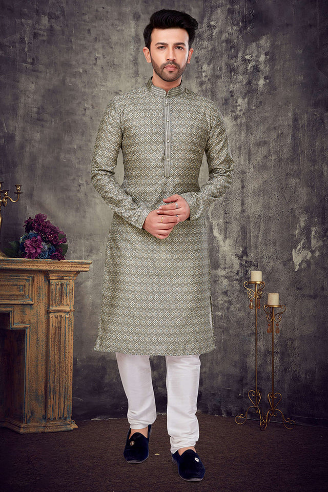 Green Thread Work Silk Kurta Pyjama Set
