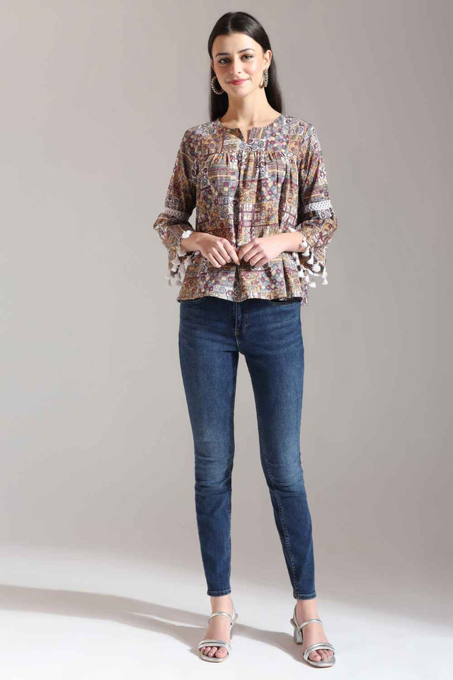 Beige Geometric Printed Pure Cotton Tops