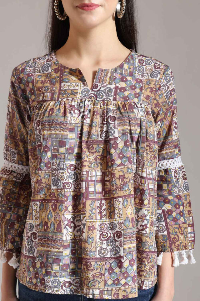Beige Geometric Printed Pure Cotton Tops