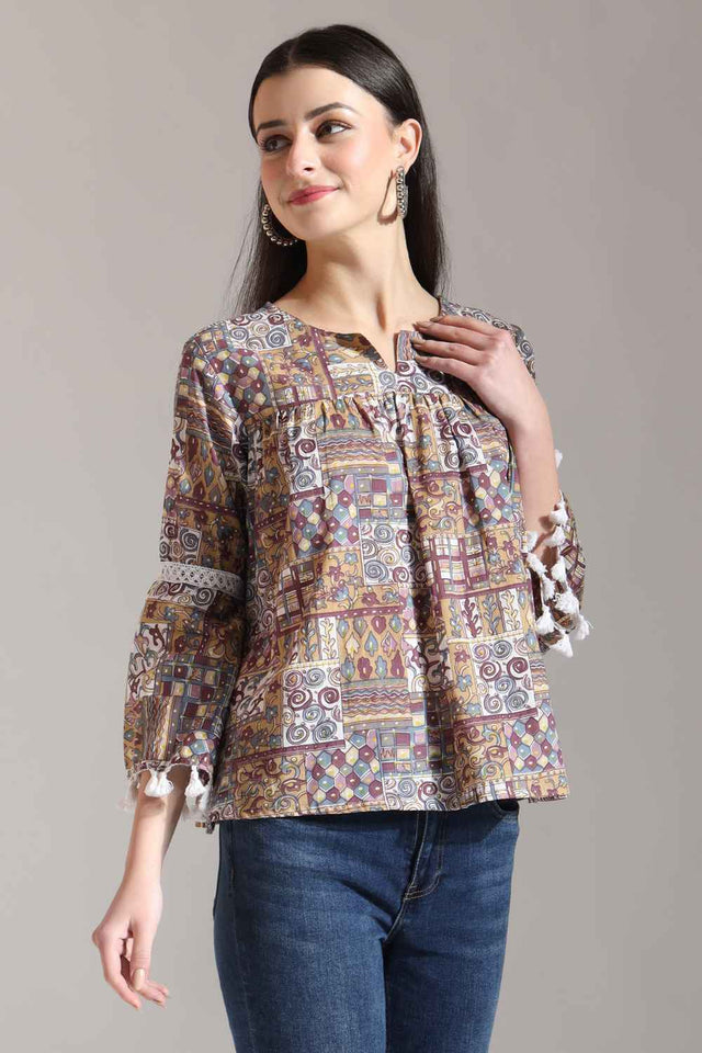Beige Geometric Printed Pure Cotton Tops
