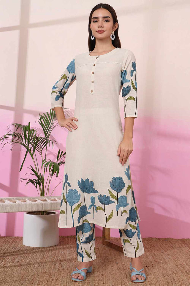 White Floral Print Cotton Kurti Pant Set