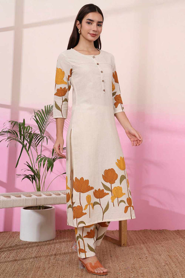 White Floral Print Cotton Kurti Pant Set