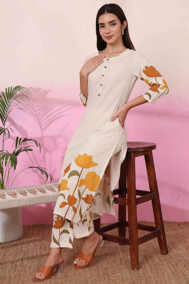 White Floral Print Cotton Kurti Pant Set