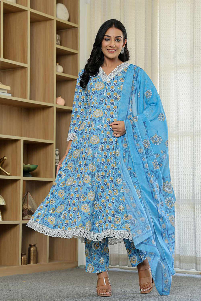 Blue Floral Print Cotton Kurti Pant Set